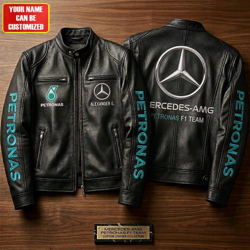 Personalized Merc AMG Petronas Vintage Collar Leather Jacket