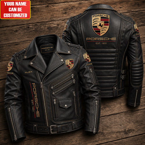 Pors EST 1931 Vintage Belt Solid Zipper Street Leather Jacket