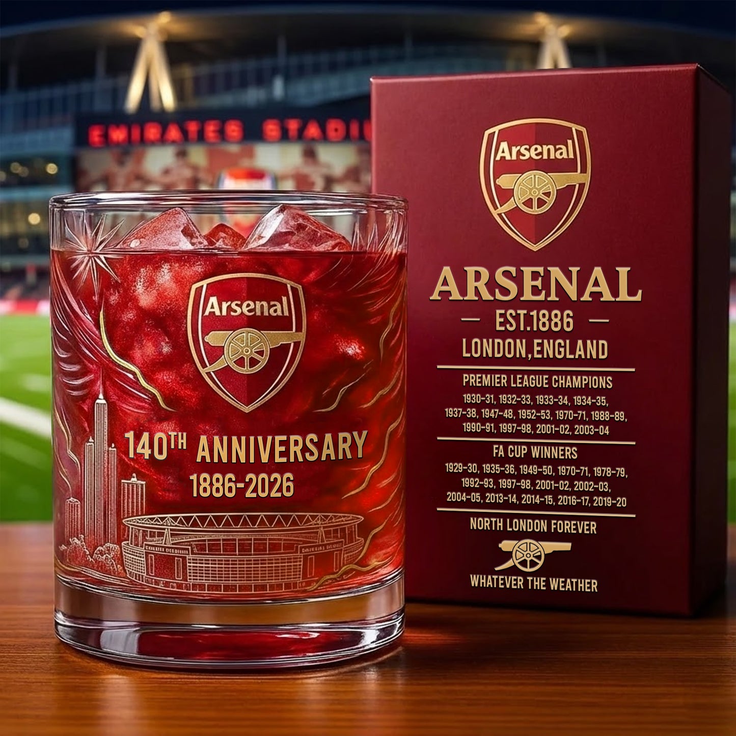 Personalized Arsenal 140 Years Anniversary Whisky , Arsenal Whiskey Glass V10