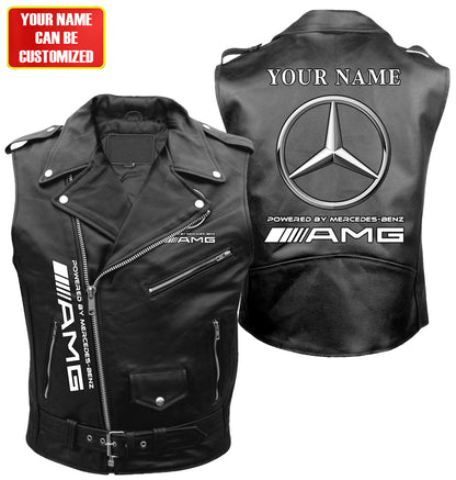 Personalized Merc AMG Belt Zipper Sleeveless Leather Vest Jacket