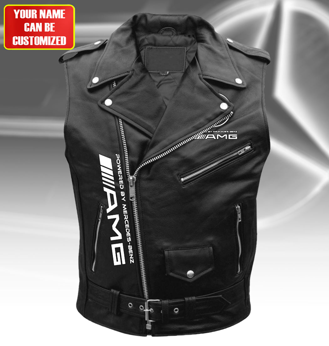 Personalized Merc AMG Belt Zipper Sleeveless Leather Vest Jacket
