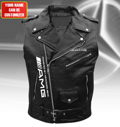 Personalized Merc AMG Belt Zipper Sleeveless Leather Vest Jacket