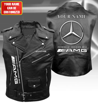 Personalized Merc AMG Belt Zipper Sleeveless Leather Vest Jacket