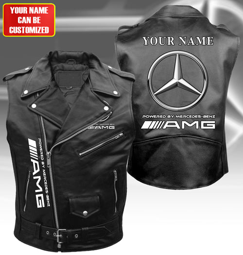 Personalized Merc AMG Belt Zipper Sleeveless Leather Vest Jacket