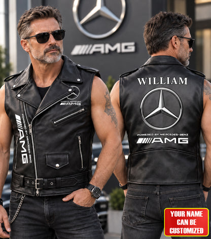 Personalized Merc AMG Belt Zipper Sleeveless Leather Vest Jacket
