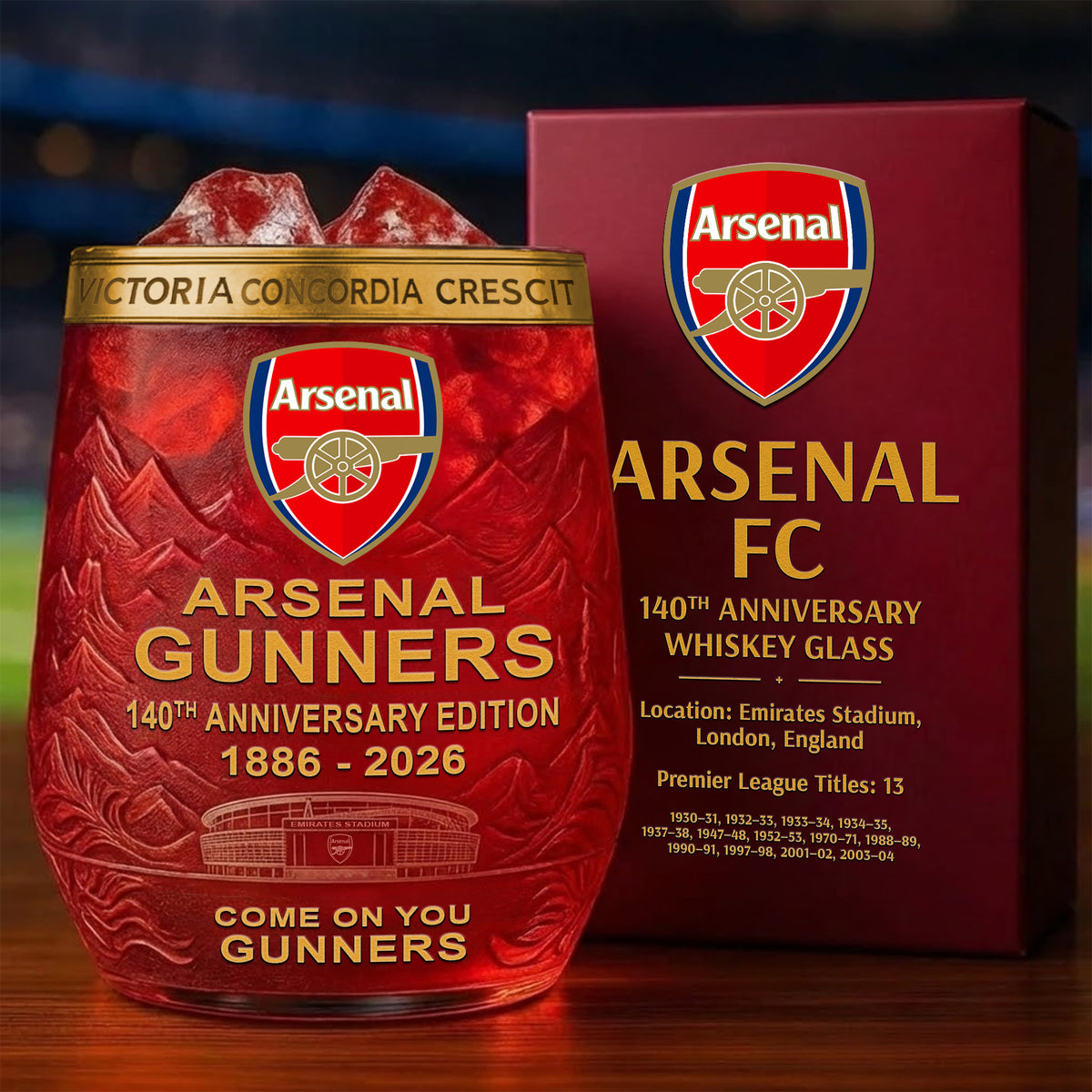 Personalized Arsenal 140 Years Anniversary Whisky , Arsenal Gunners Whiskey Glass