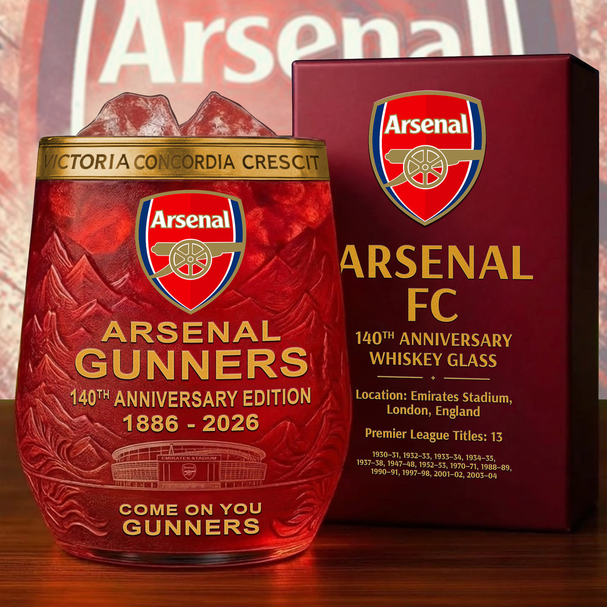 Personalized Arsenal 140 Years Anniversary Whisky , Arsenal Gunners Whiskey Glass