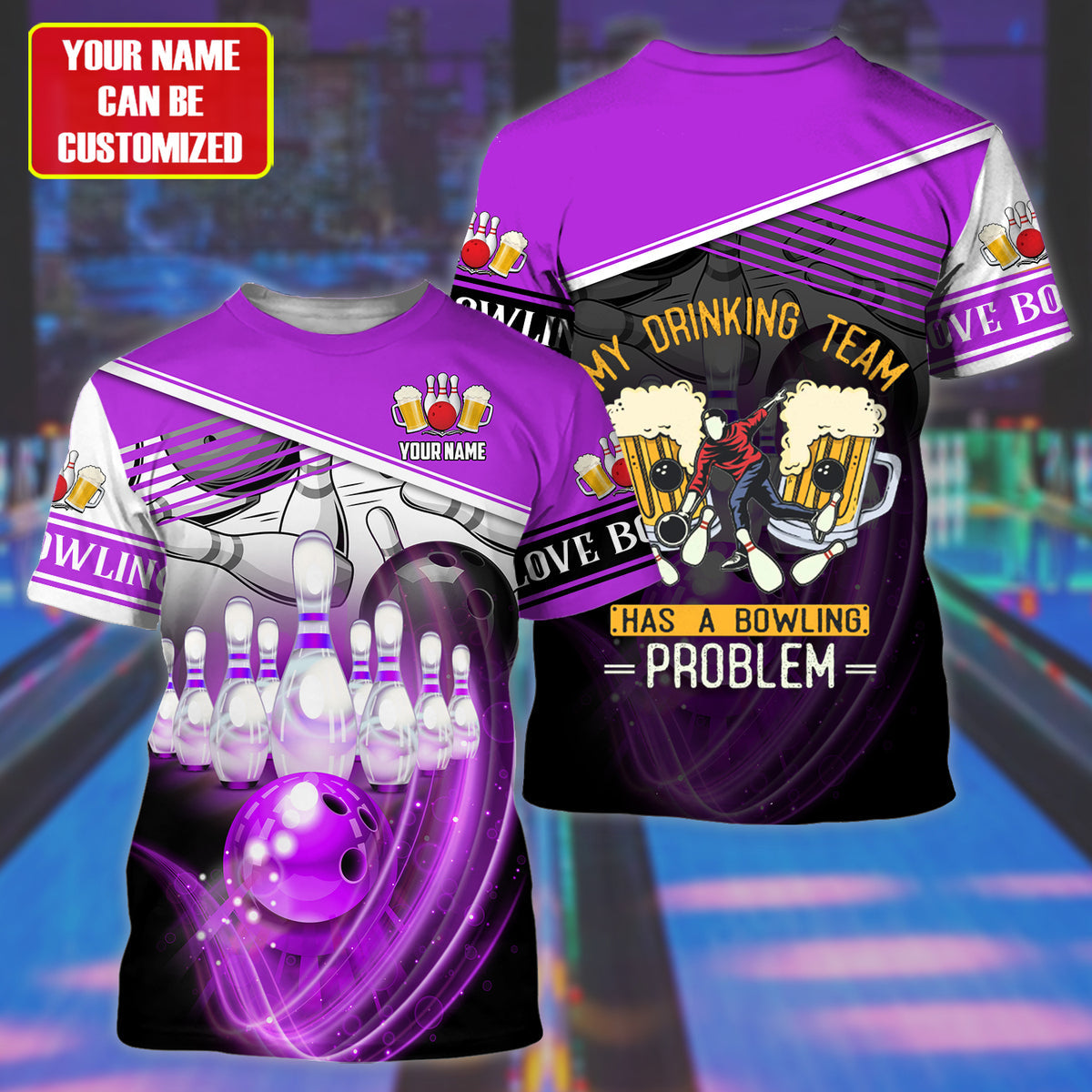 Personalized Name Purple Bowling Drinking All Over Printed Unisex Shirt