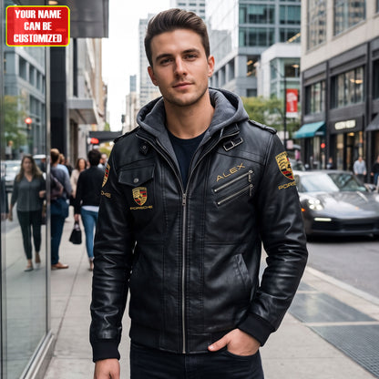 Personalized Pors 2026 Vintage Leather Jacket with Hood