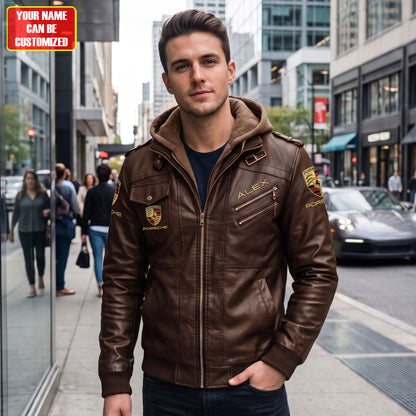 Personalized Pors 2026 Vintage Leather Jacket with Hood