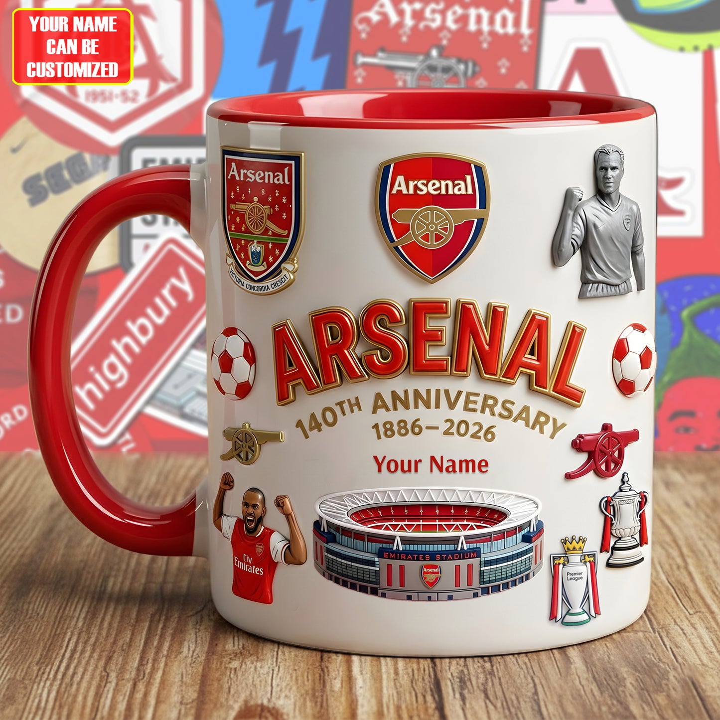 Personalized Arsenal 140th Anniversary Accent Mug , Cream Mug Gifts , Holiday Gifts