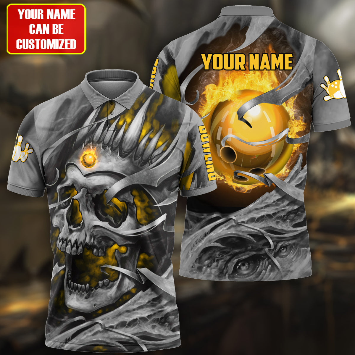 Personalized Name Yellow Skull Bowling All Over Printed Unisex Shirt Q250505