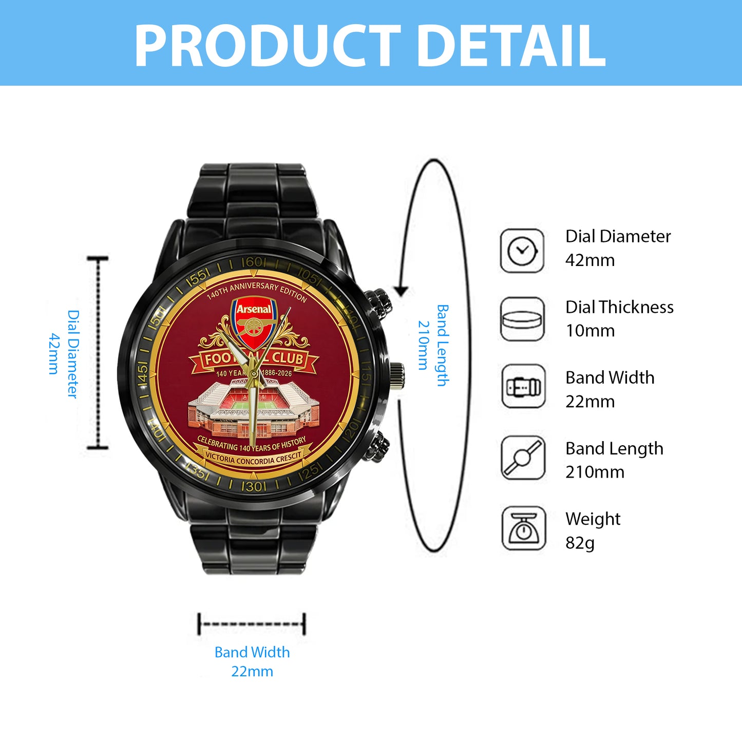 Arsenal 140 Years Anniversary Luxury Stainless Steel Watch