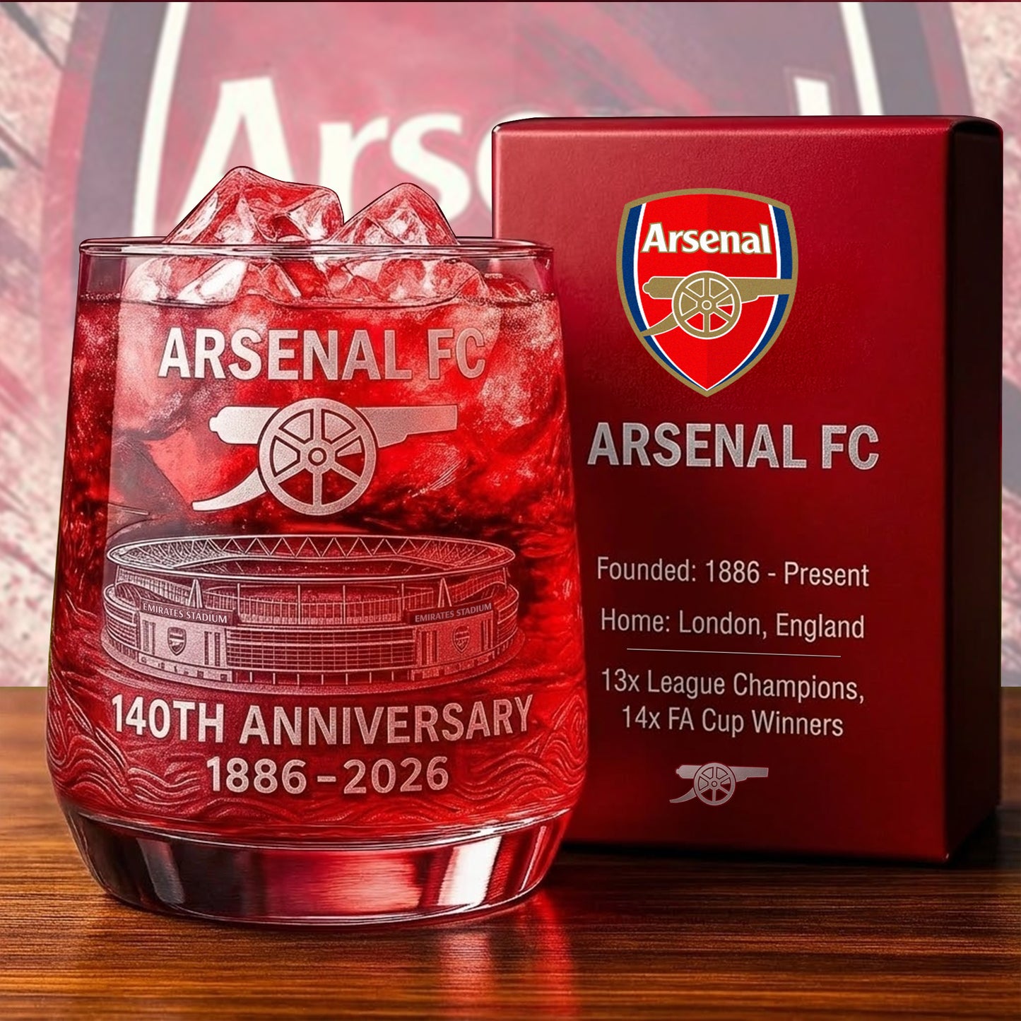 Personalized Arsenal Stadium 140 Years Anniversary Whisky , Arsenal Whiskey Glass, Holiday Gifts