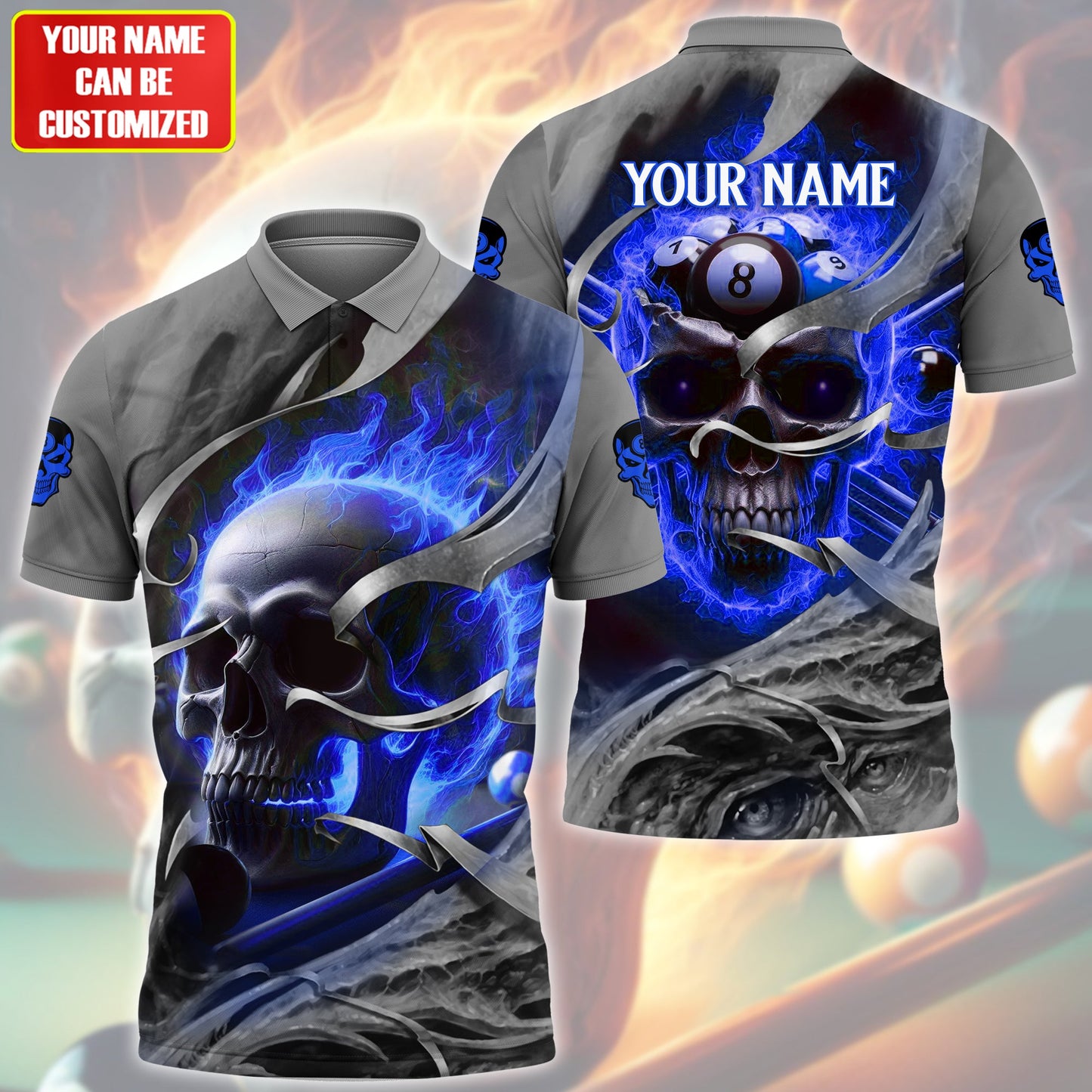 Personalized Name Skull Billiards Blue Version All Over Printed Unisex Shirt QB030403