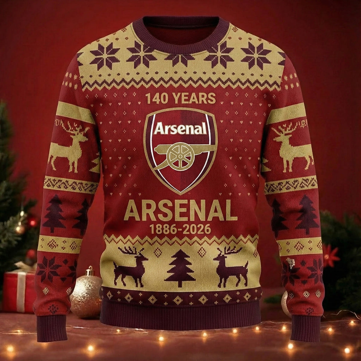 Arsenal 140 Years Anniversary Christmas Sweater , Unisex Wool Sweater