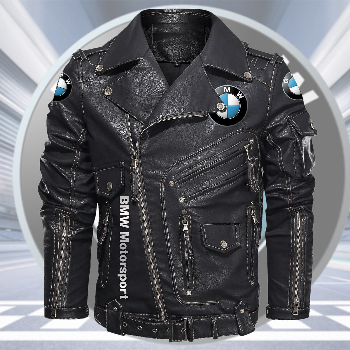 BW Belt Solid Zipper Street Leather Jacket S230904