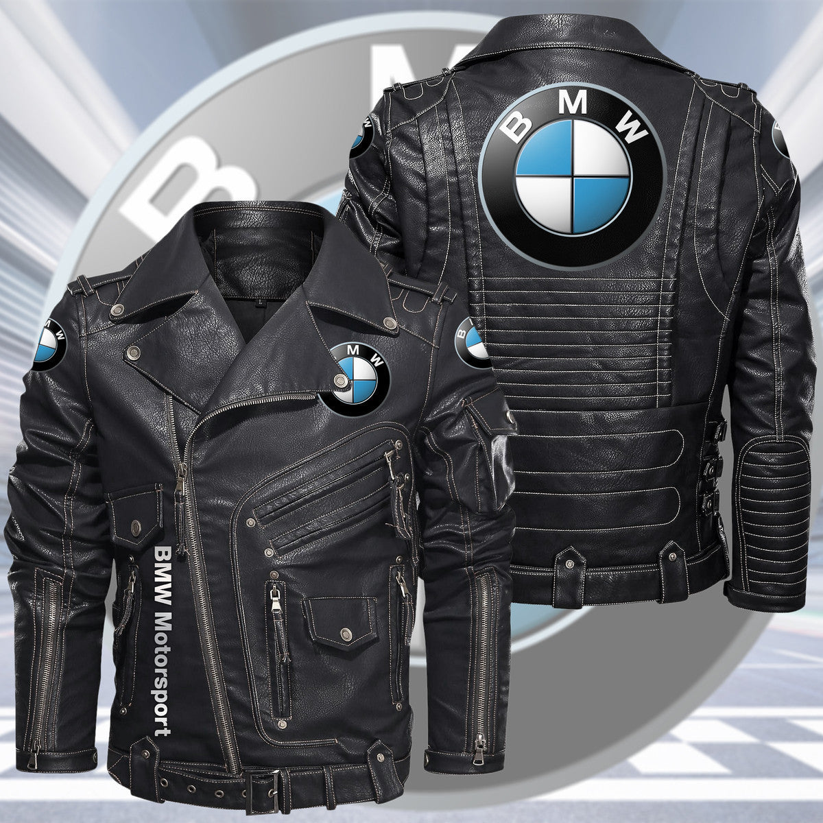 BW Belt Solid Zipper Street Leather Jacket S230904