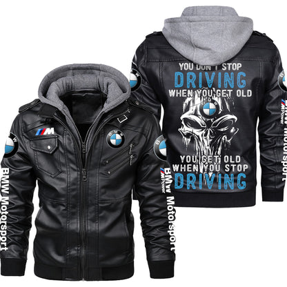 Personaziled BW Driving Zip Leather Jacket with Hood Black P030203