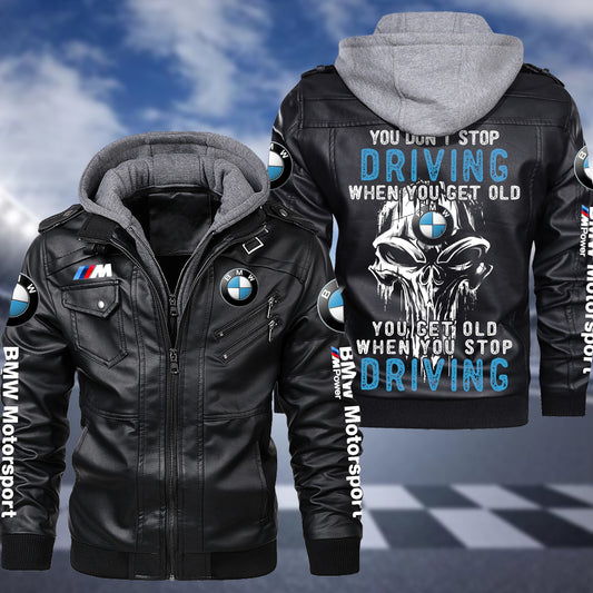 Personaziled BW Driving Zip Leather Jacket with Hood Black P030203