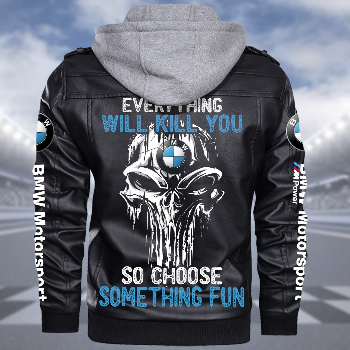 Personaziled BW something fun Zip Leather Jacket with Hood Black P210203