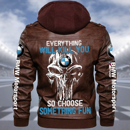 Personaziled BW something fun Zip Leather Jacket with Hood Brown P210203