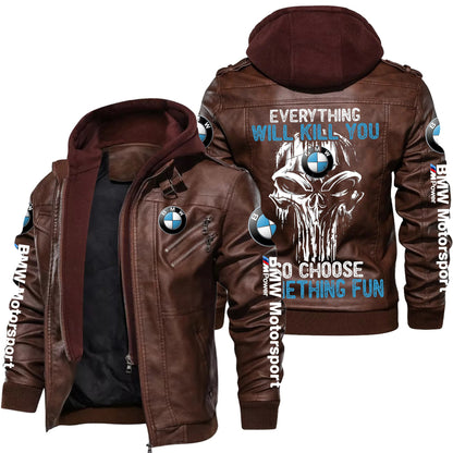 Personaziled BW something fun Zip Leather Jacket with Hood Brown P210203