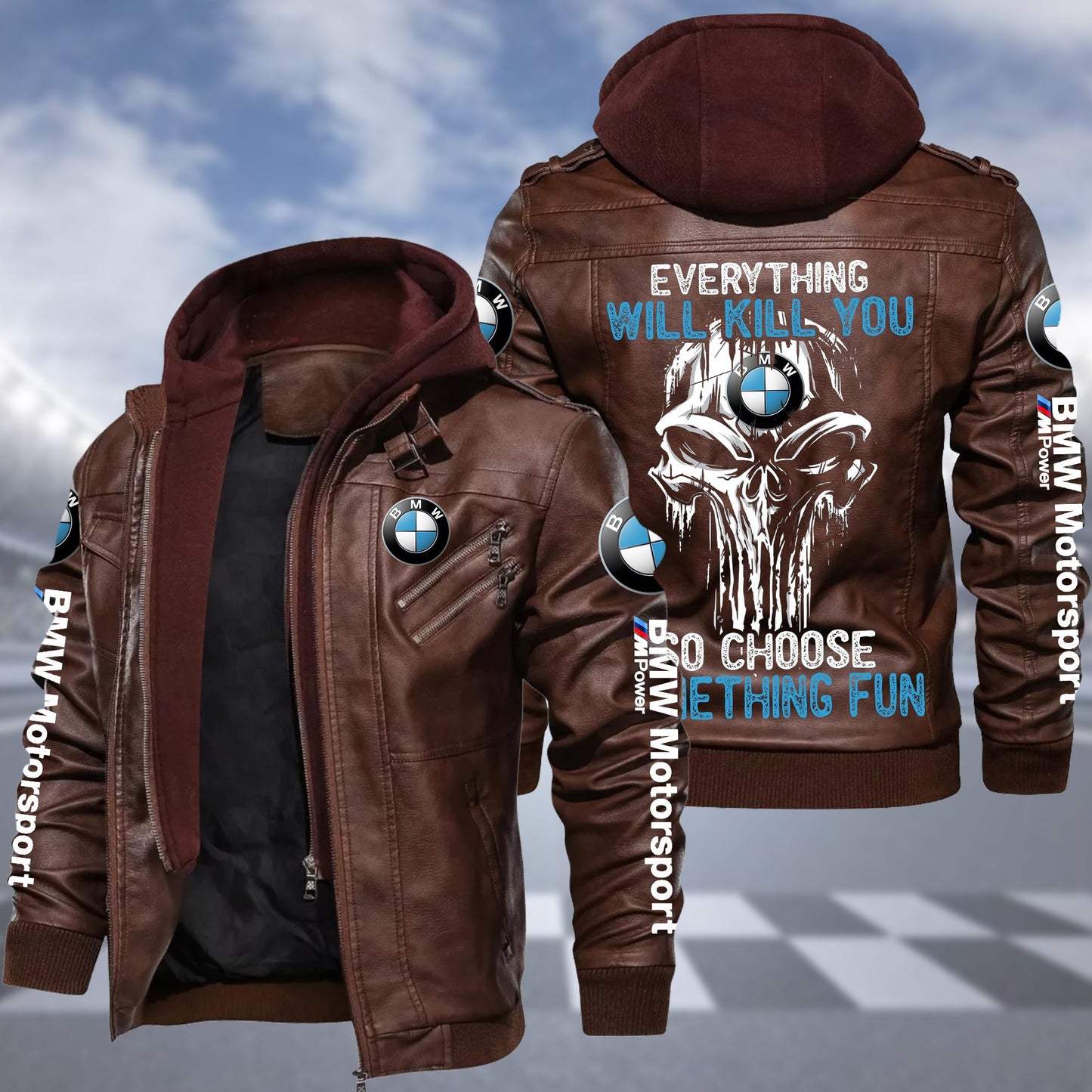 Personaziled BW something fun Zip Leather Jacket with Hood Brown P210203