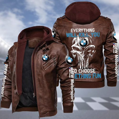 Personaziled BW something fun Zip Leather Jacket with Hood Brown P210203