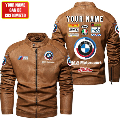Personaziled BW Motorsport Brown Collar Leather Jacket P100302