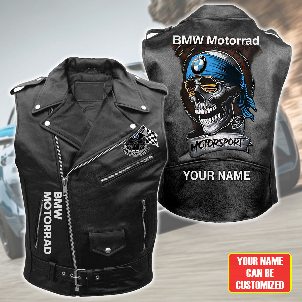 Personalized Skull Bw Belt Zipper Sleeveless Leather Vest Jacket Q231011