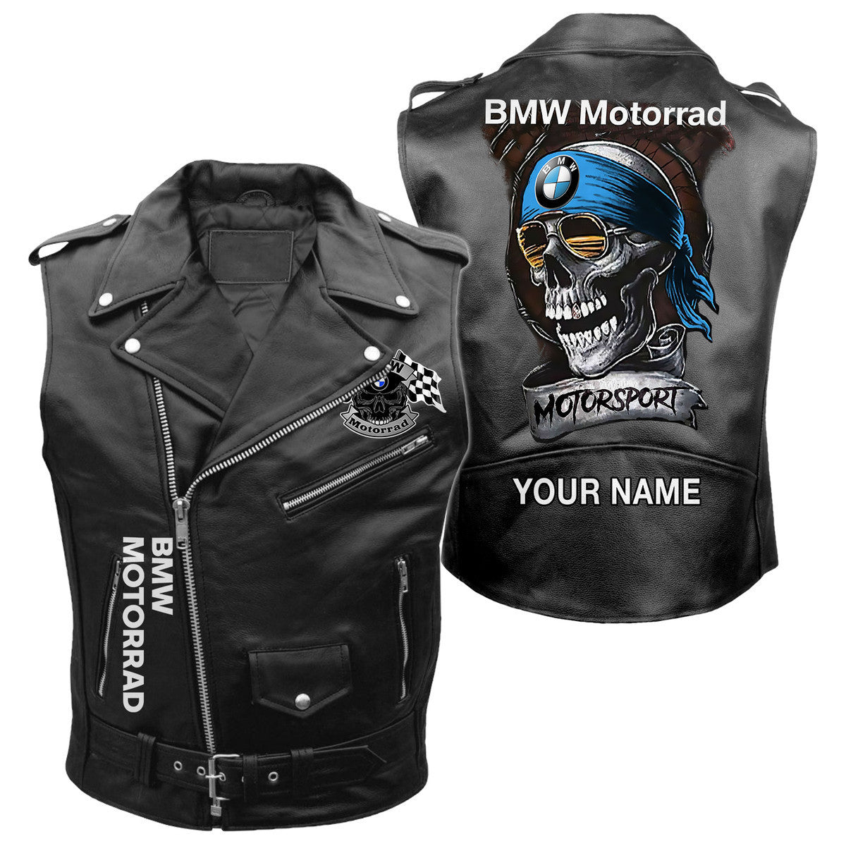 Personalized Skull Bw Belt Zipper Sleeveless Leather Vest Jacket Q231011