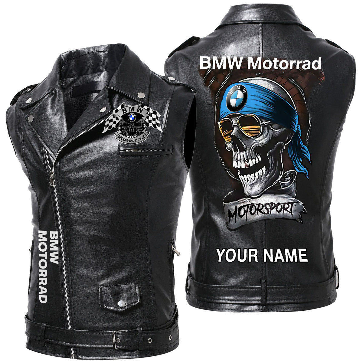 Personalized Skull Bw Belt Zipper Sleeveless Leather Vest Jacket Q231011