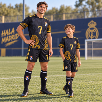 Real Madrid Ronaldo Black Dragon Soccer Jersey Kit & Shorts with Socks Set for Boys and Girls Vintage Youth Sizes