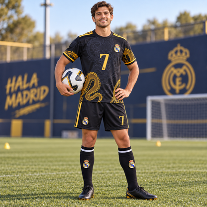Real Madrid Ronaldo Black Dragon Soccer Jersey Kit & Shorts with Socks Set for Boys and Girls Vintage Youth Sizes