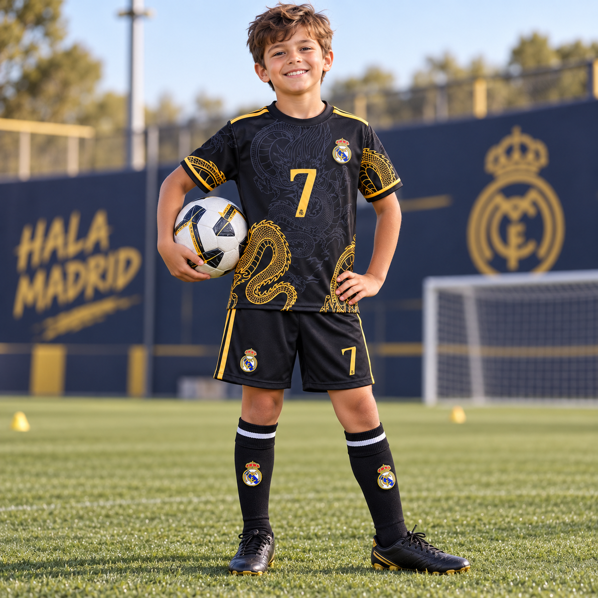Real Madrid Ronaldo Black Dragon Soccer Jersey Kit & Shorts with Socks Set for Boys and Girls Vintage Youth Sizes