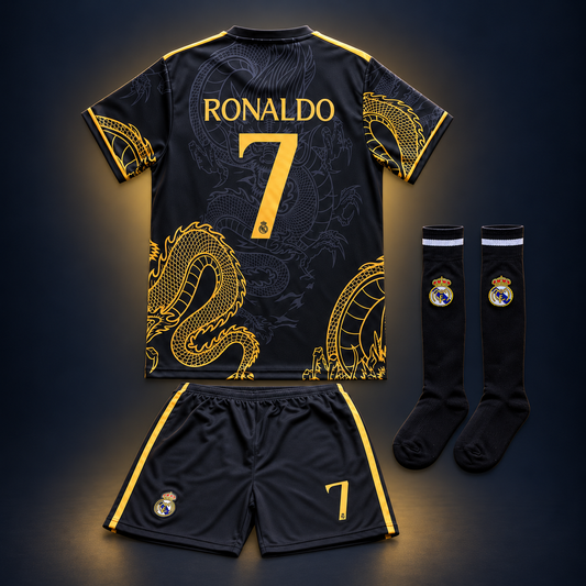 Real Madrid Ronaldo Black Dragon Soccer Jersey Kit & Shorts with Socks Set for Boys and Girls Vintage Youth Sizes
